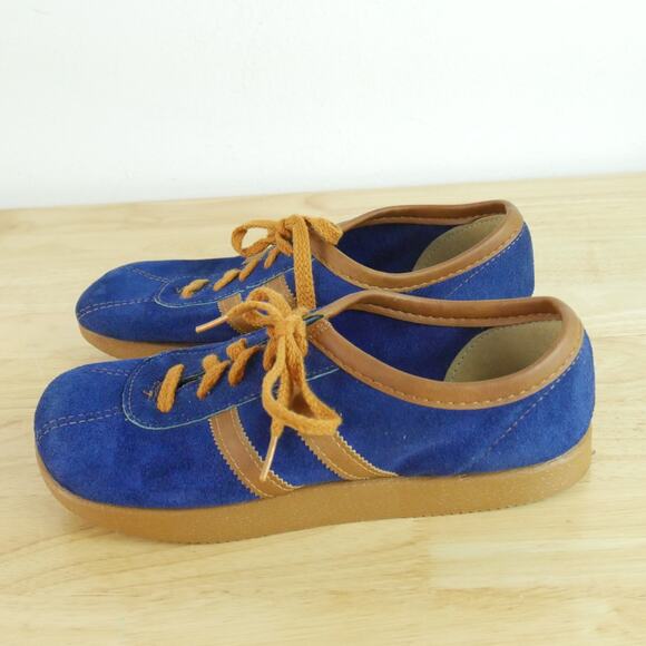 Vintage 70s Suede Sneakers Blue Stripe Retro Platform Athletic Costume 8 8.5 - Picture 6 of 15